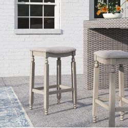 Set of 2 Bar Stools Beige 28.5" Saddle Backless Premium Padded Indoor/Outdoor Nailhead Cushion Kitchen Counter Chairs Pub Seat Foot Rest

