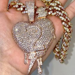 Men’s Miami Cuban Link Chain Necklace, 14K Rose Gold 5X Layered Cuban Chain, Drip Heart Necklace, CZ Diamond Heart Choker, ICY Necklace, Chain