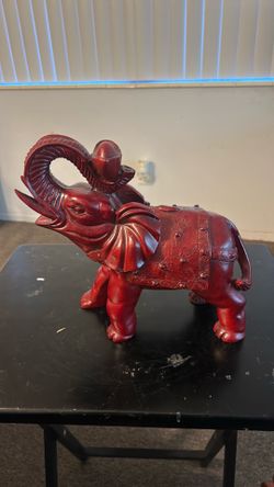 Heavy Vintage Maroon Resin Figurine 11" Long Elephant Trunk Up