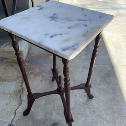 Small Side Table Wood Base And Marble Top. Great For Lamp , Plant Etc 