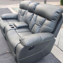 Darker Grey Color Reclining Love Seat With Middle Console Drink Holder Extra Storage 