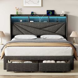 No Squeaking Queen Bed Frame LED Headboard, Charging station, 2 Storage Drawers