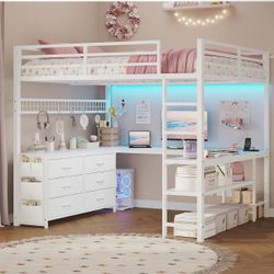 Loft Bed Full Size with U-Shaped Desk
