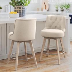 26.5 in Seat Height Line Upholstered Fabric Counter Height Solid Wood Brushed Leg Swivel Bar stool（Set of 2) Beige 