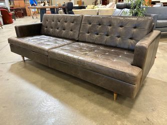 GUS Archer Modern Grey Brown Tufted Leather Sofa with Brass Capped Tapered Legs