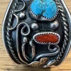 Vintage Sterling Turquoise & Coral Watch Cuff