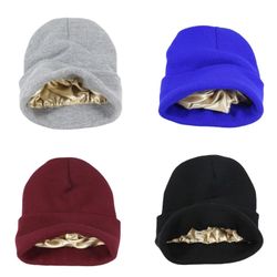 silk lined winter knitted hat /beanies satin lined knit beanie hat cap with satin lined