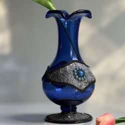 Vintage Cobalt Blue Moroccan Glass Vase with Beads/Chains Accents