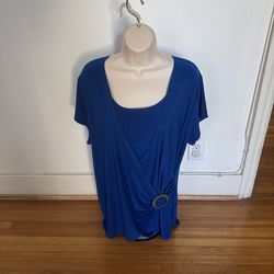 NWT Rachel Rachel blue faux wrap round neck blouse, size 1X Made in USA