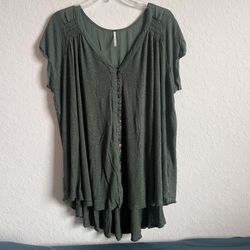 Free People Large Linenblend Green V-Neck Button Down Blouse