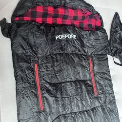Used* POEPORE Flannel Sleeping Bag Lightweight Warm Weather 3-4 Seasons for Adults XL Wearable Sleeping Bag Waterproof with Compression Sack Black/Red