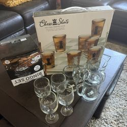 chess shots, bingo set, glasses 