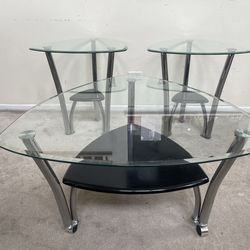 Ashley Furniture T140-13 Pascal - Chrome Finish  Triangle Glass Top  Coffee & Side Table Set