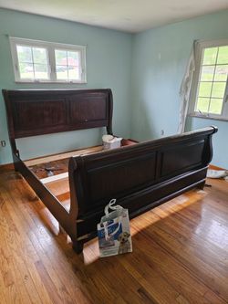 Large King Size Sleigh Bed Frame Dark Wood Veneer