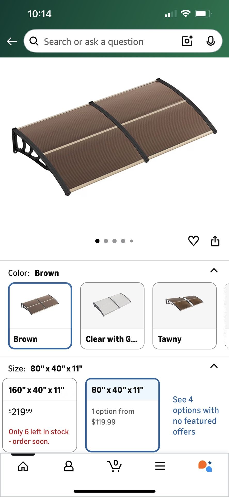 80" x 40" Window Awning with Rain Snow Sunlight UV Protection