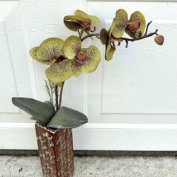 Ceramic Vase With Faux Moth Orchid Ornate Decor Accent