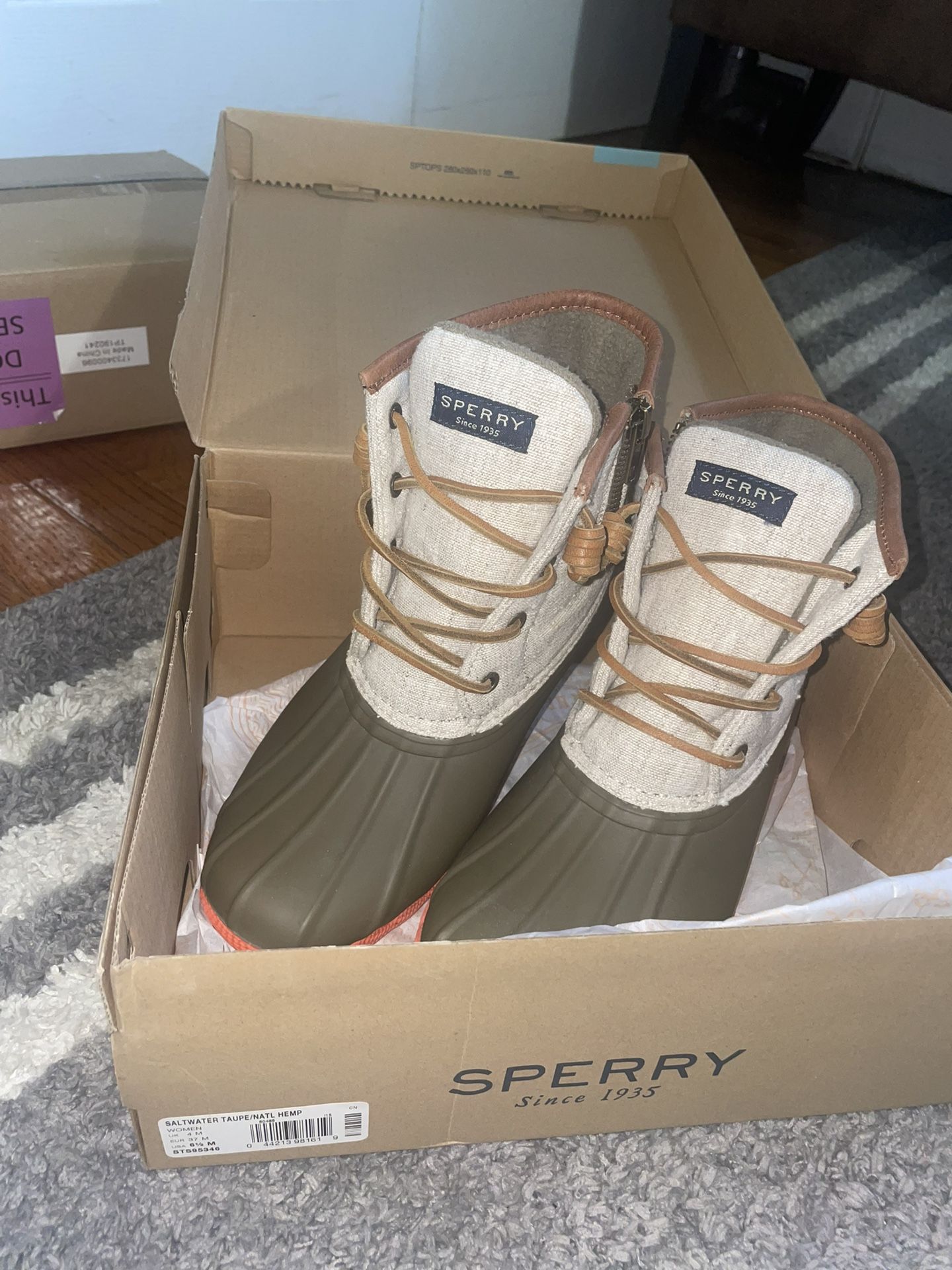 Sperry Women's 5M Saltwater Taupe Natural Hemp Waterproof Rubber Duck Boots