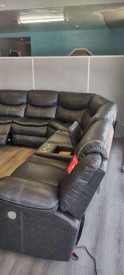 Gray Faux Leather Power Reclining Sectional Sofa with three power recliners