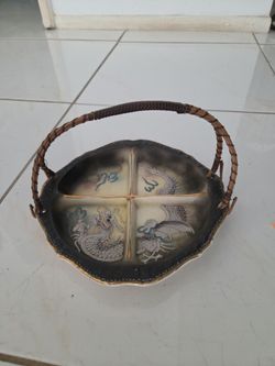 Vintage 1930s Japanese Moriage Dragonware four compartment serving tray with rattan handle, 10 inch diameter. Used for serving nuts, candies and appet