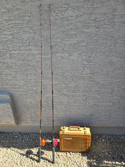 2, Zebco slingshot rods and reels, with plano magnum tackle box.