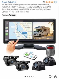 RV Backup Camera System with CarPlay & Android Auto, RVInWest 10.36" Touchable Monitor with Mirror Link DVR Recording + 4 AHD 1080P IP69K Waterproof N