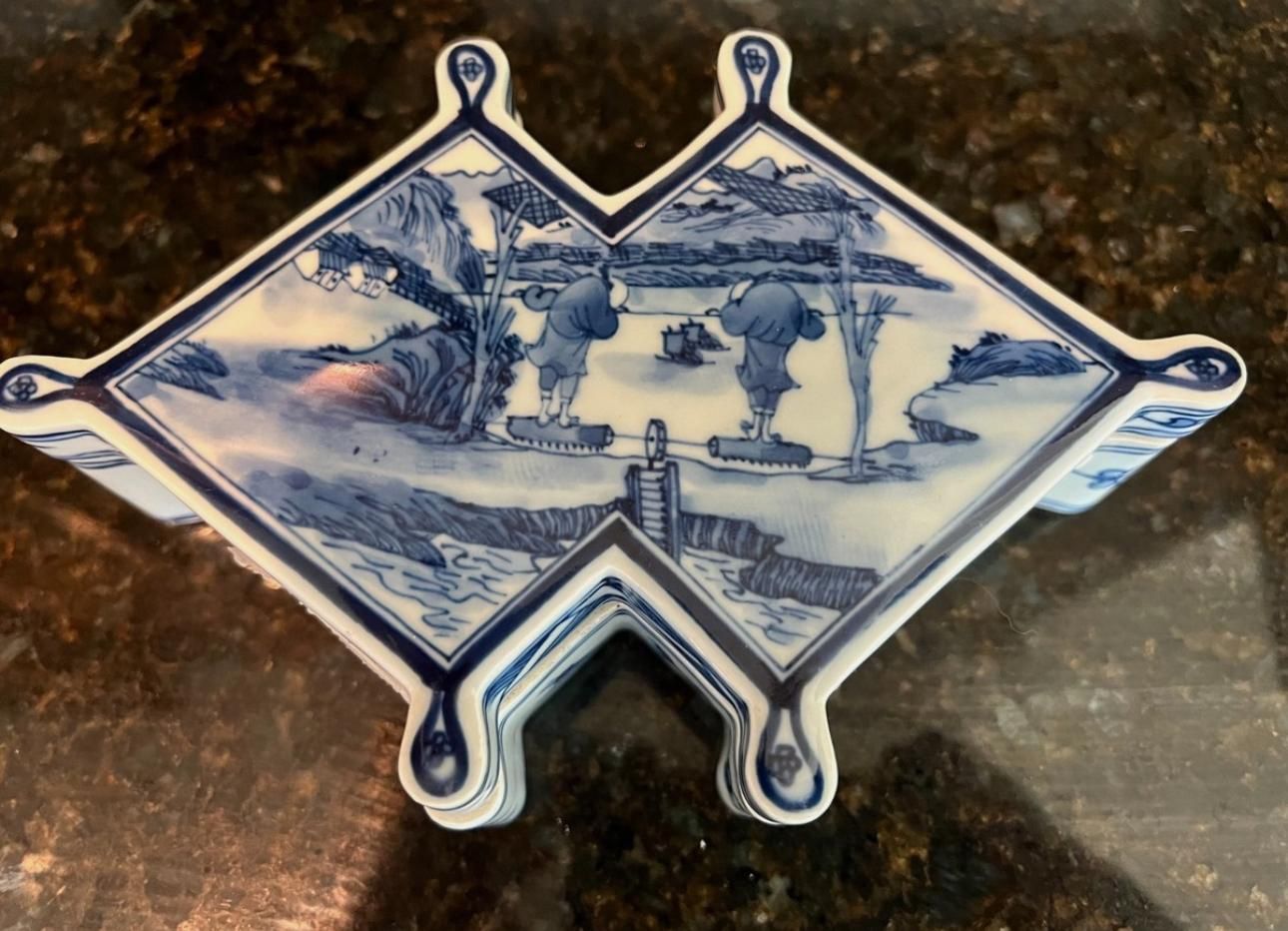 Antique Chinese Trinket Box Blue & White Kangxi marks Style 8.1" L.