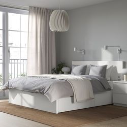 White Queen size Ikea malm bed frame with storage