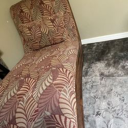 Comfortable Chaise Lounge Chair, printed fabric with wood base, lightly used 