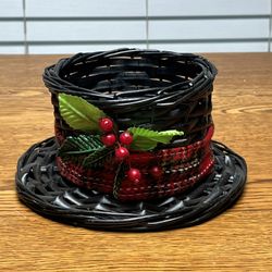 Vintage Black Wicker Snowman's Top Hat Plant/Candle Holder, Ect