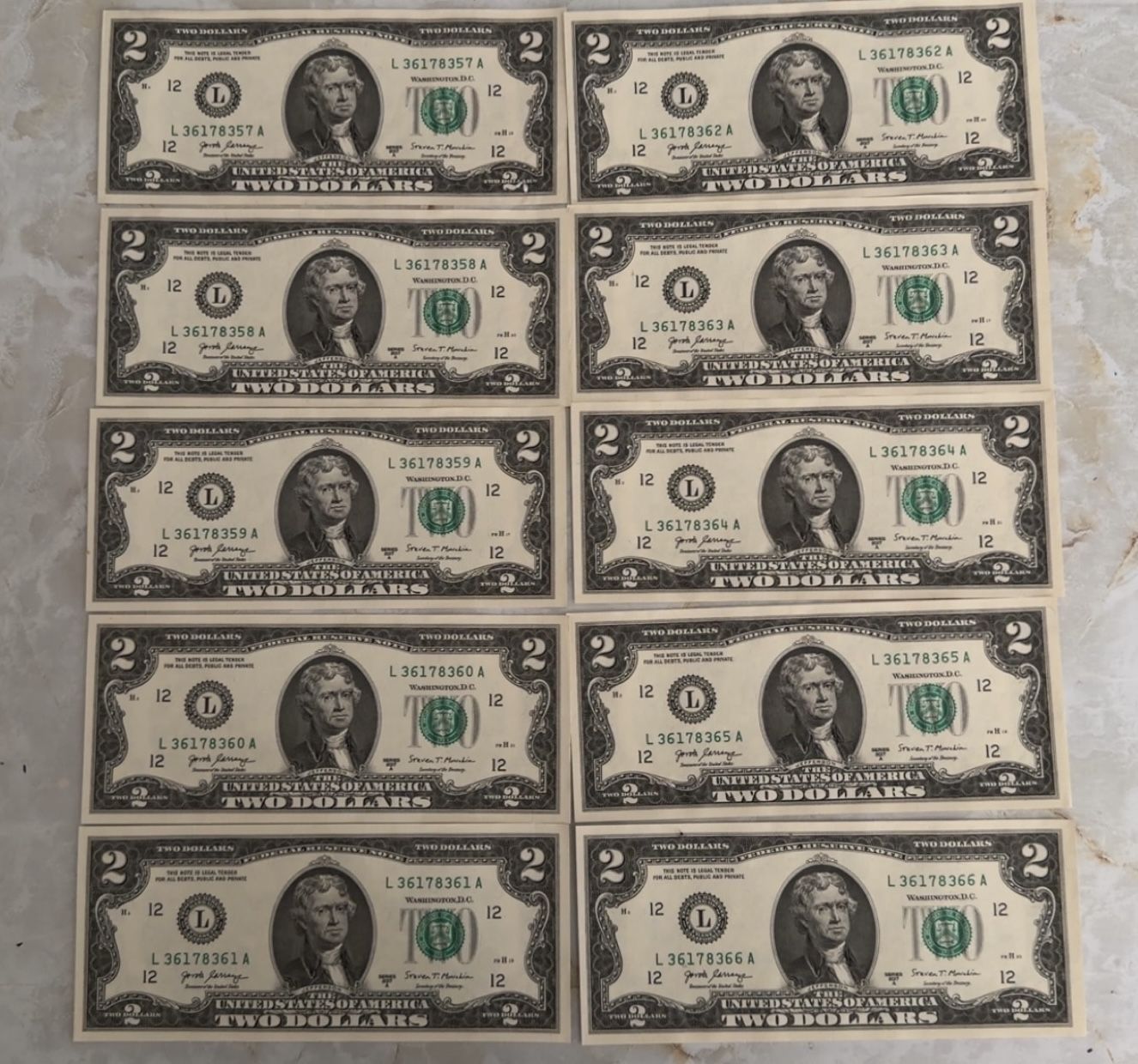 Sequential $2 Bill Notes