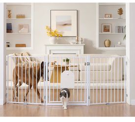 Freestanding Dog & Cat Gate with Cat Door – White Pet Fence – Like New