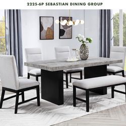 FAUX STONE DINING TABLE WITH 4 CHAIRS AND BENCH 