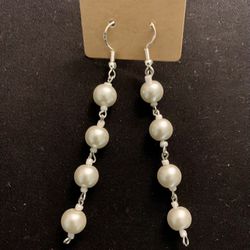 NEW HANDMADE Faux Pearl Dangle Shoulder Earrings, 925 Sterling Silver Hook