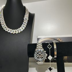 Mens Watches White Gold Set Icedout Cuban Chain Clover Bracelet Love Bracelet Set Perfect Combo For Men