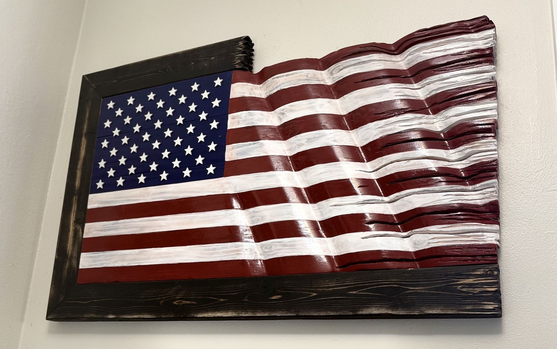 Framed Waving Wood American Flag