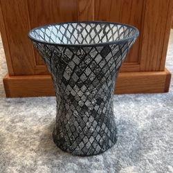 Pretty! Glass Cut Silver & Black Design Bath Trash Container/Big Vase For Flowers 