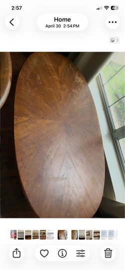 Hard wood: Drexel 1960’s large oval coffee table two matching end tables. Nice hard wood and design.