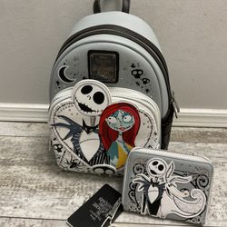 NWT Loungefly The Nightmare Before Christmas Jack And Sally Heart Frame Backpack And Wallet