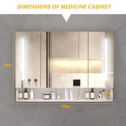 Modern 39x28 inches Aluminium Bathroom Cabinets, Medicine Cabinets with Mirrors and LED Lights, Bathroom Storage Cabinet with Multilevel Storage Compa