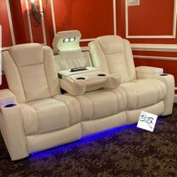 Ashley Party Time White/ Black Leather Power Reclining Sofa Couch W Adjustable Headrest, LED, USB, Cup Holder, Storage Console| New Home Theater Couch