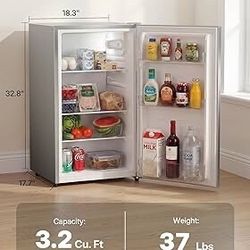 Upstreman 3.2 Cu.Ft All-Refrigerator Mini Fridge, Silver-CR32 Premium Silver Finish, 7-Level Thermostat, ENERGY STAR Certified, Reversible Door, Small