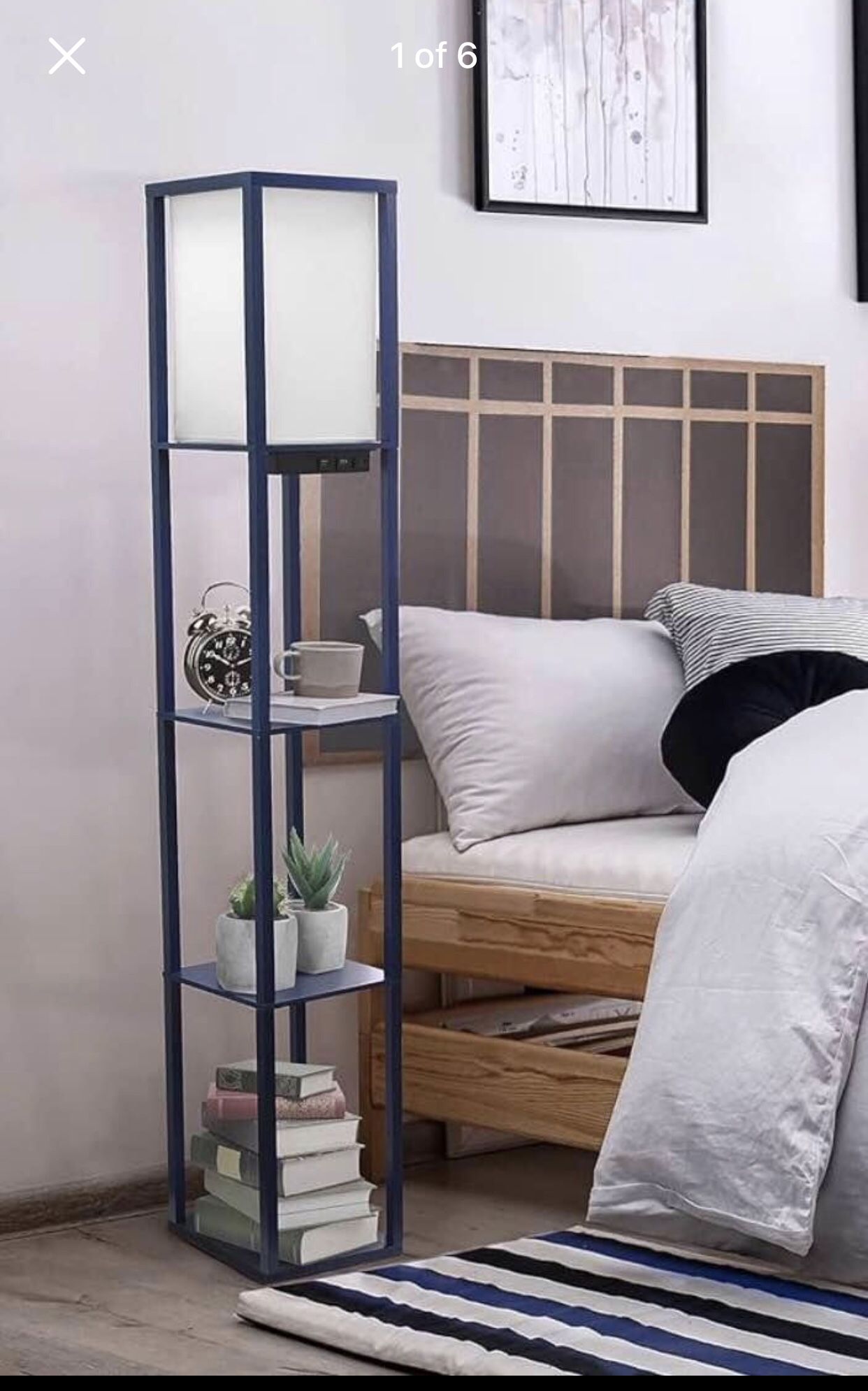 Floor Lamp Etagere Organizer Storage Shelf with 2 USB Charging Ports, 1 Charging Outlet and Linen Shade, Navy Blue in Floor Lamps by Simple Designs