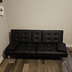 Black Faux Leather Sofa Bed - Modern Folding Futon with Cup Holders