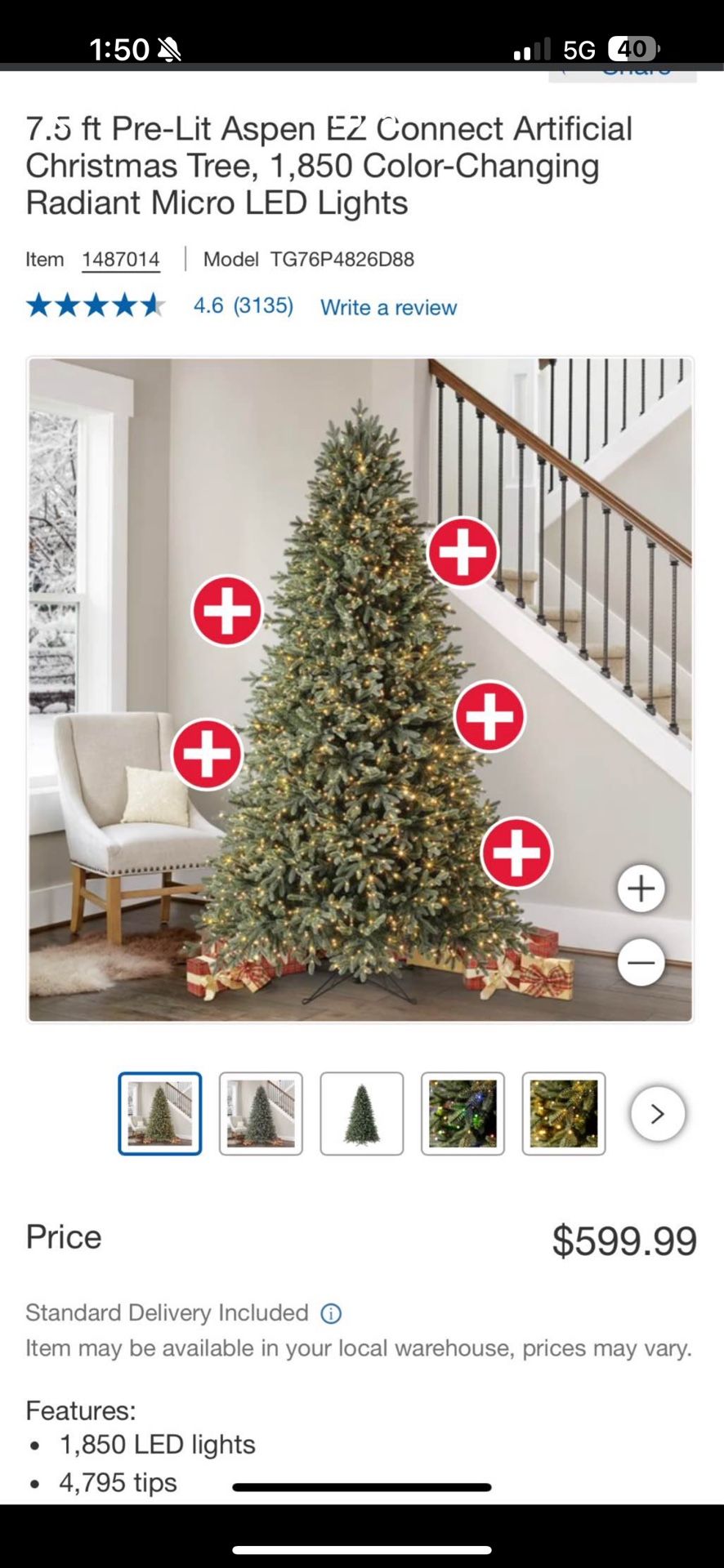 7.5 ft Pre-Lit Aspen EZ Connect Artificial Christmas Tree, 1,850 Color-Changing COSTCO New A lot Christmas tree available  Location Romeoville iL