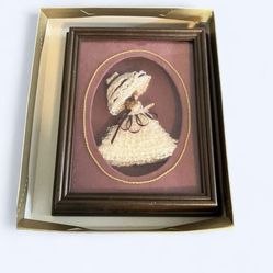 VTG ANTIQUE FRAMED LACE,RIBBON,DOLL GIRL IN OLD DRESS PICTURE ART