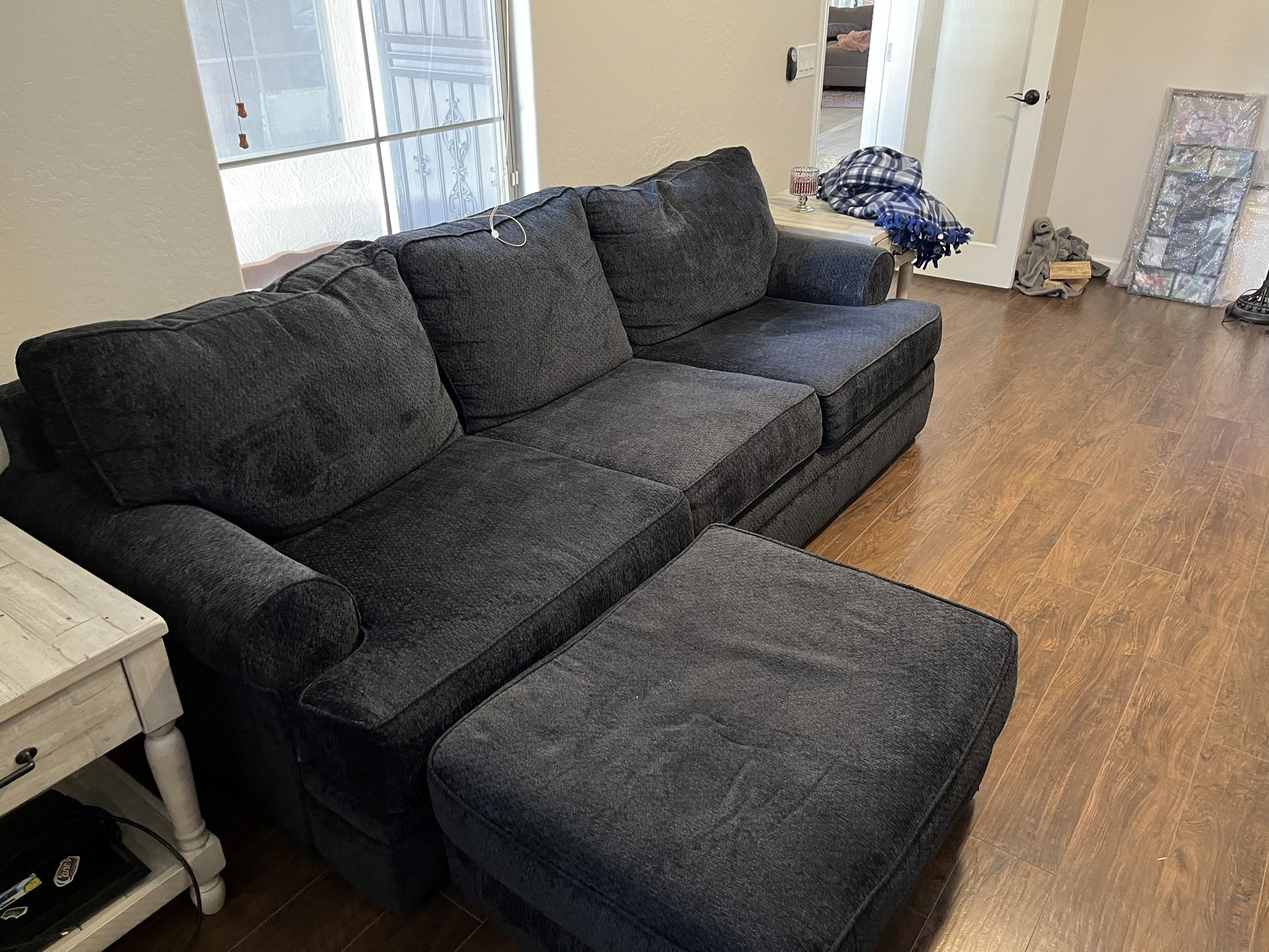 3 Cushion Navy Blue Couch W Ottoman