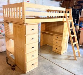 Tradewins twin loft bed w/ desk, drawers, bookcase