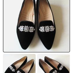 New Adrienne Vittadini Black Velvet Rhinestone Flats Dress Loafer Shoes