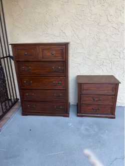 Wood 5 Drawer Chest & Nightstand