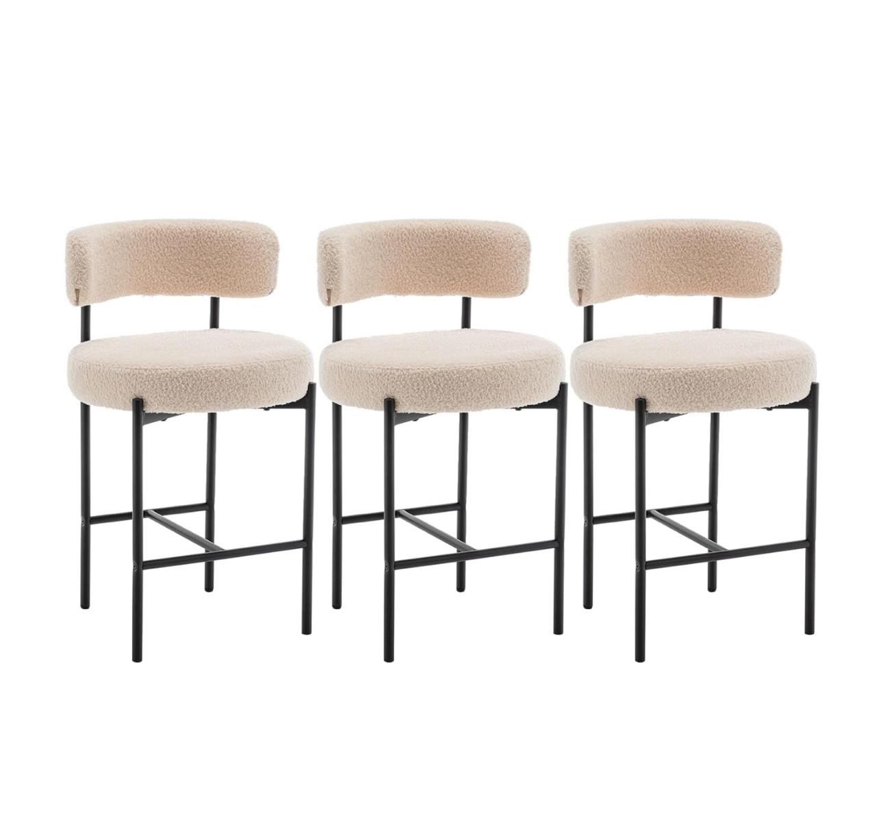 Boucle Bar Stools Set of 3, ( 27”) Beige Counter Height Bar Stools with Backs, Modern Barstools for Kitchen Island, Pub, Club